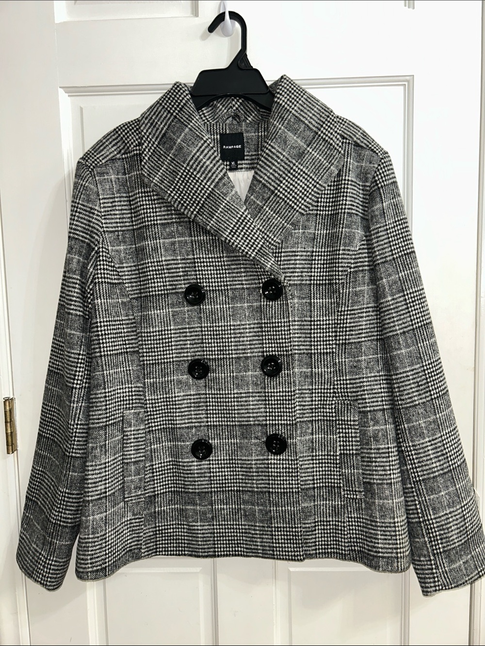 Rampage Black & White Plaid Double-Breasted Peacoat